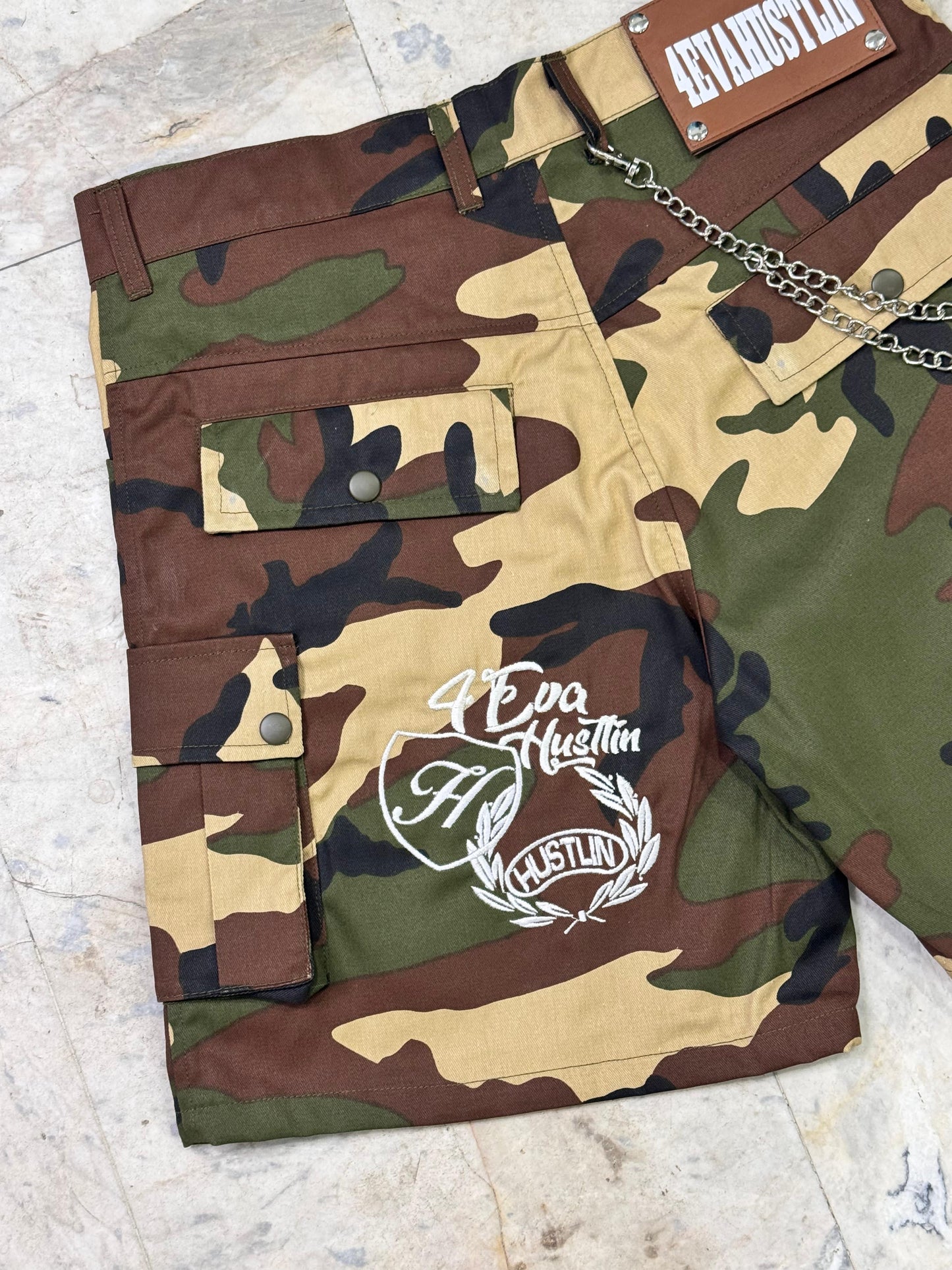4EvaHustlin Camo Jean Shorts
